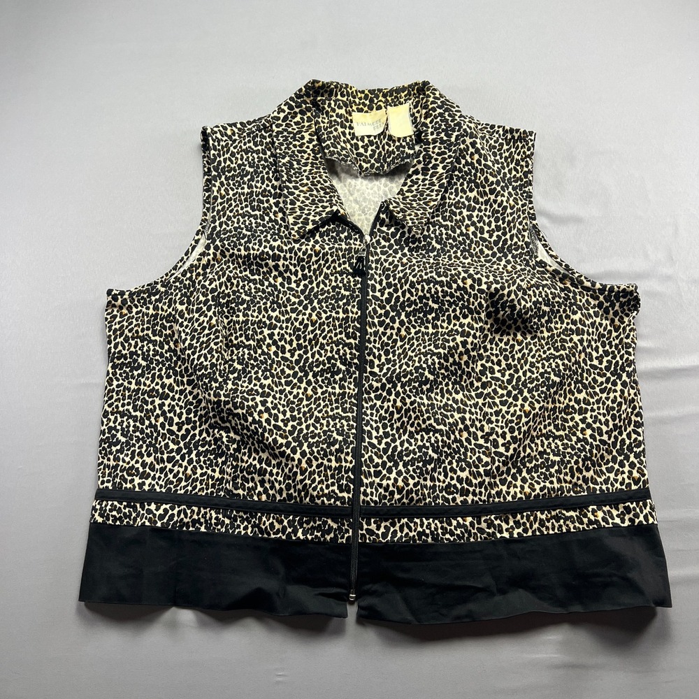 Vintage Halmode Plus Vest Womens 2XL Black Beige Leopard Print Full Zip Outdoor